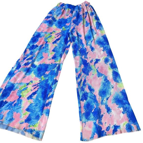 Niccy pants wide leg tie dyed look accordion elastic waist pull on trousers MD - Picture 3 of 9